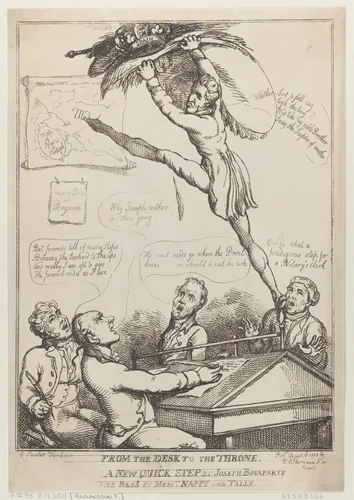 From the Desk to the Throne, A New Quick Step by Joseph Bonaparte the Bass By Messers Nappy and Tally by Thomas Rowlandson, print, 1808