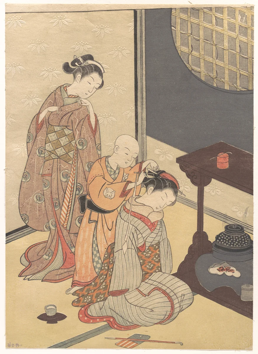 Night Rain at the Double-Shelf Stand, from the series Eight Parlor Views (Zashiki hakkei) by Suzuki Harunobu (鈴木春信), print, 1767-1799