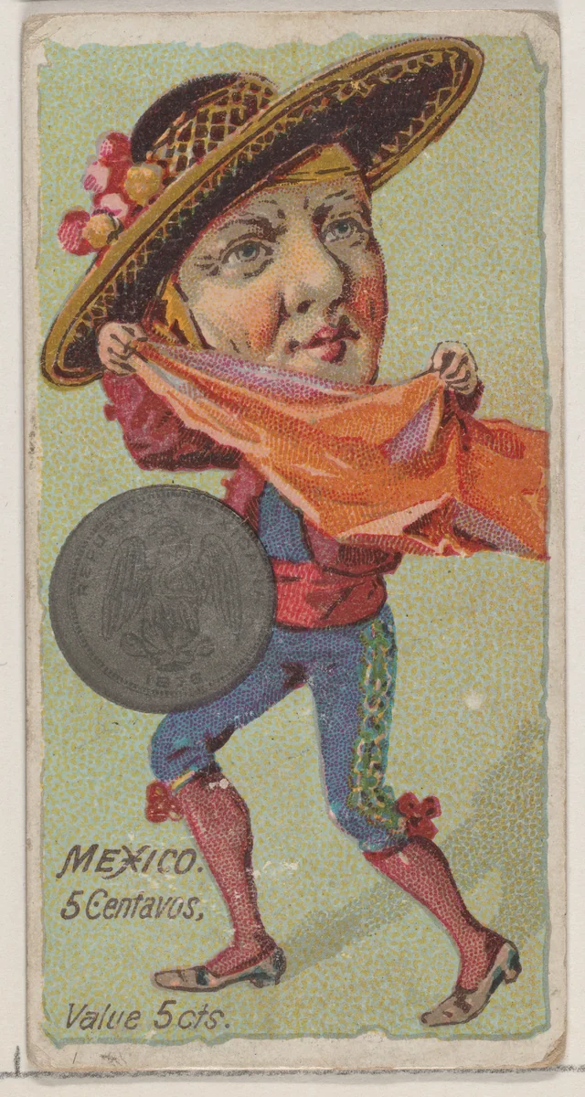 Caricatured Mexican, 5 Centavos, from the series Coins of All Nations (N72, variation 2) for Duke brand cigarettes by W. Duke, Sons & Co., print, 1889