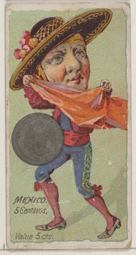 Caricatured Mexican, 5 Centavos, from the series Coins of All Nations (N72, variation 2) for Duke brand cigarettes by W. Duke, Sons & Co., print, 1889