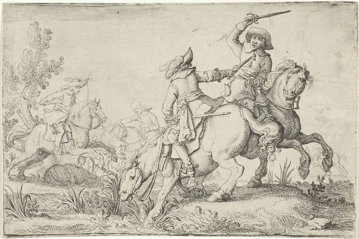 Gevecht tussen twee ruiters by Jan Martszen de Jonge, print, 1619-1649