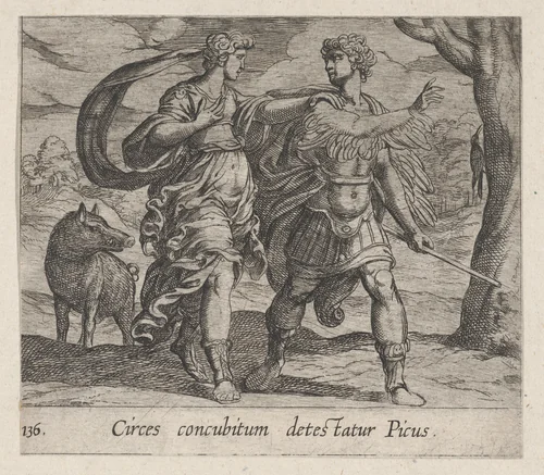 Plate 136: Circe Changing Picus into a Bird (Circes concubitum detestatur Picus), from Ovid's 'Metamorphoses' by Antonio Tempesta, print, 1606