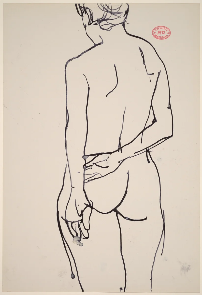 Untitled [rear view of standing female nude with arm behind her back] by Richard Diebenkorn, drawing, 1955-1967