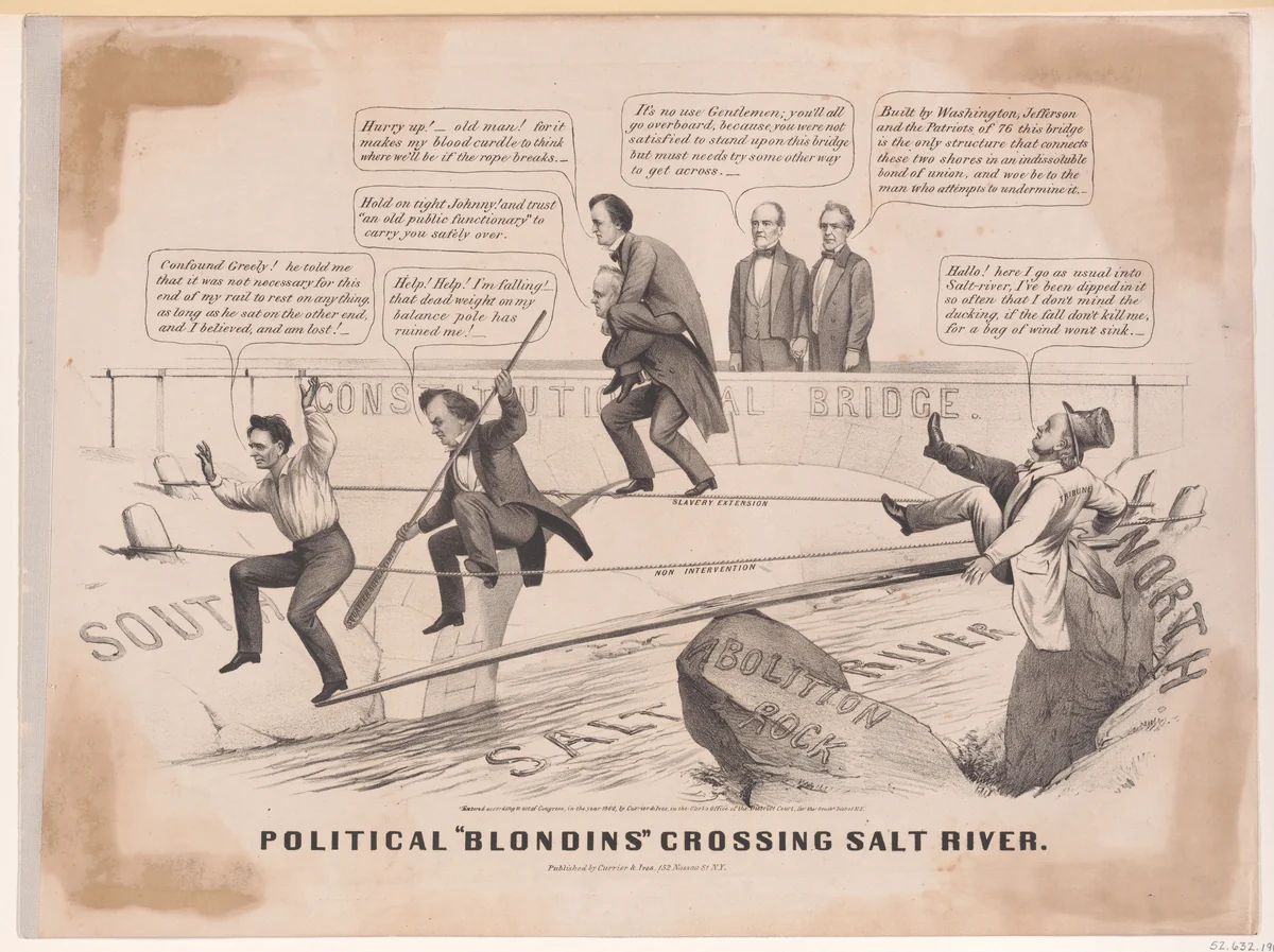 Political "Blondins" Crossing Salt River by Currier & Ives, print, 1860