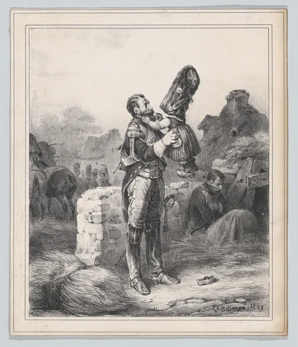Soldier and small girl by Hippolyte Bellangé, print, 1829