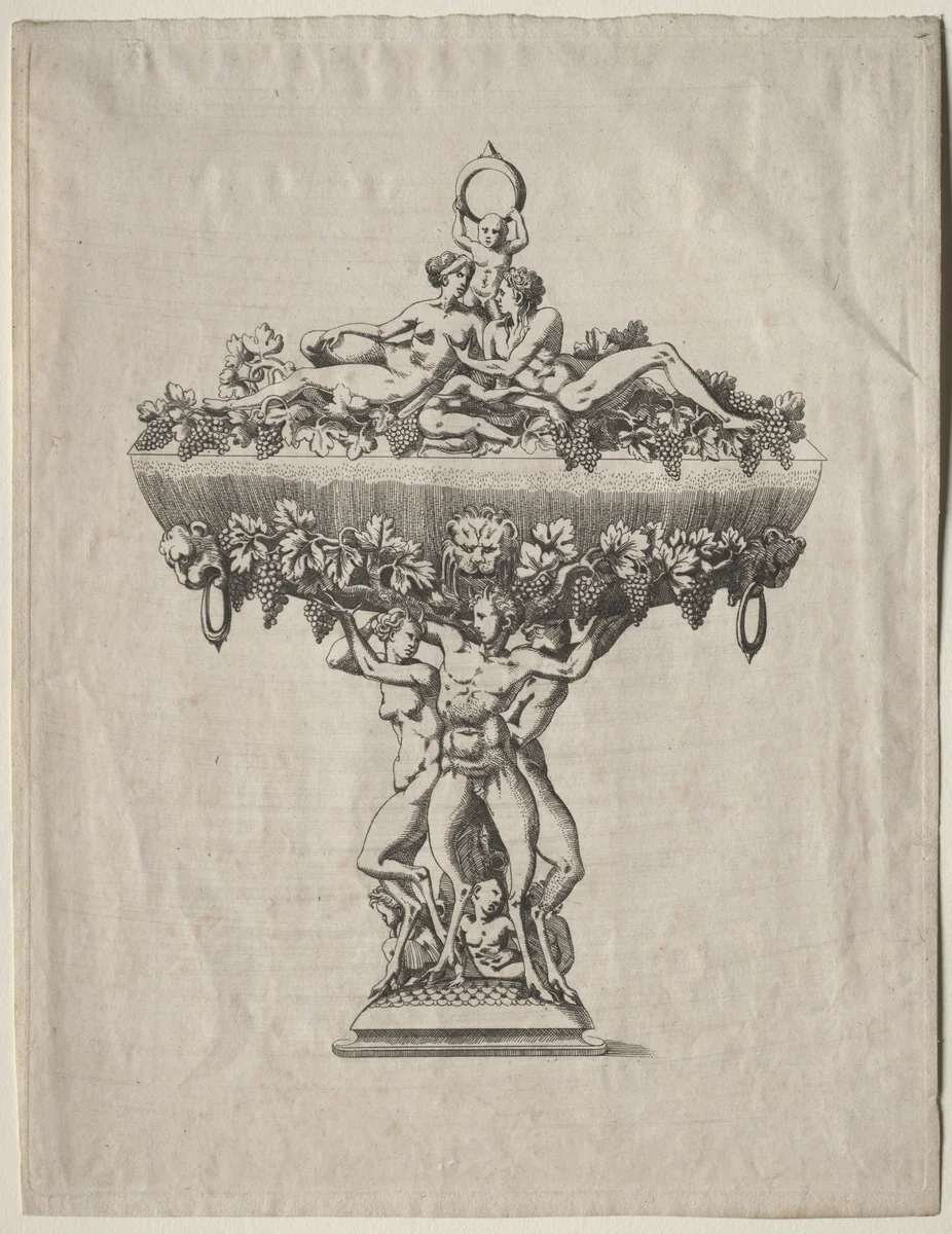 Covered Cup with Grape Festoon by Antonio Fantuzzi, print, 1525-1575