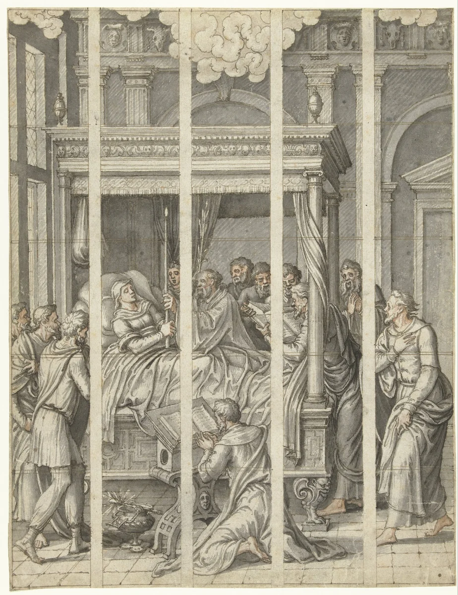Dood van de maagd Maria by Dirck Pietersz. Crabeth, drawing, 1561-1565