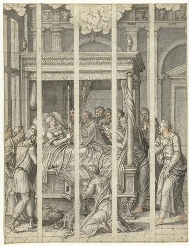 Dood van de maagd Maria by Dirck Pietersz. Crabeth, drawing, 1561-1565