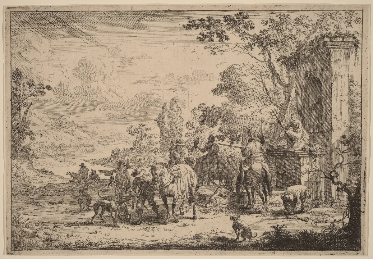 Huntsmen Resting by Peeter Bout, print, 1658-1719