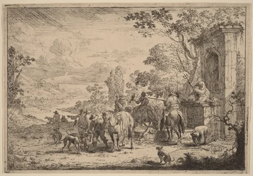 Huntsmen Resting by Peeter Bout, print, 1658-1719