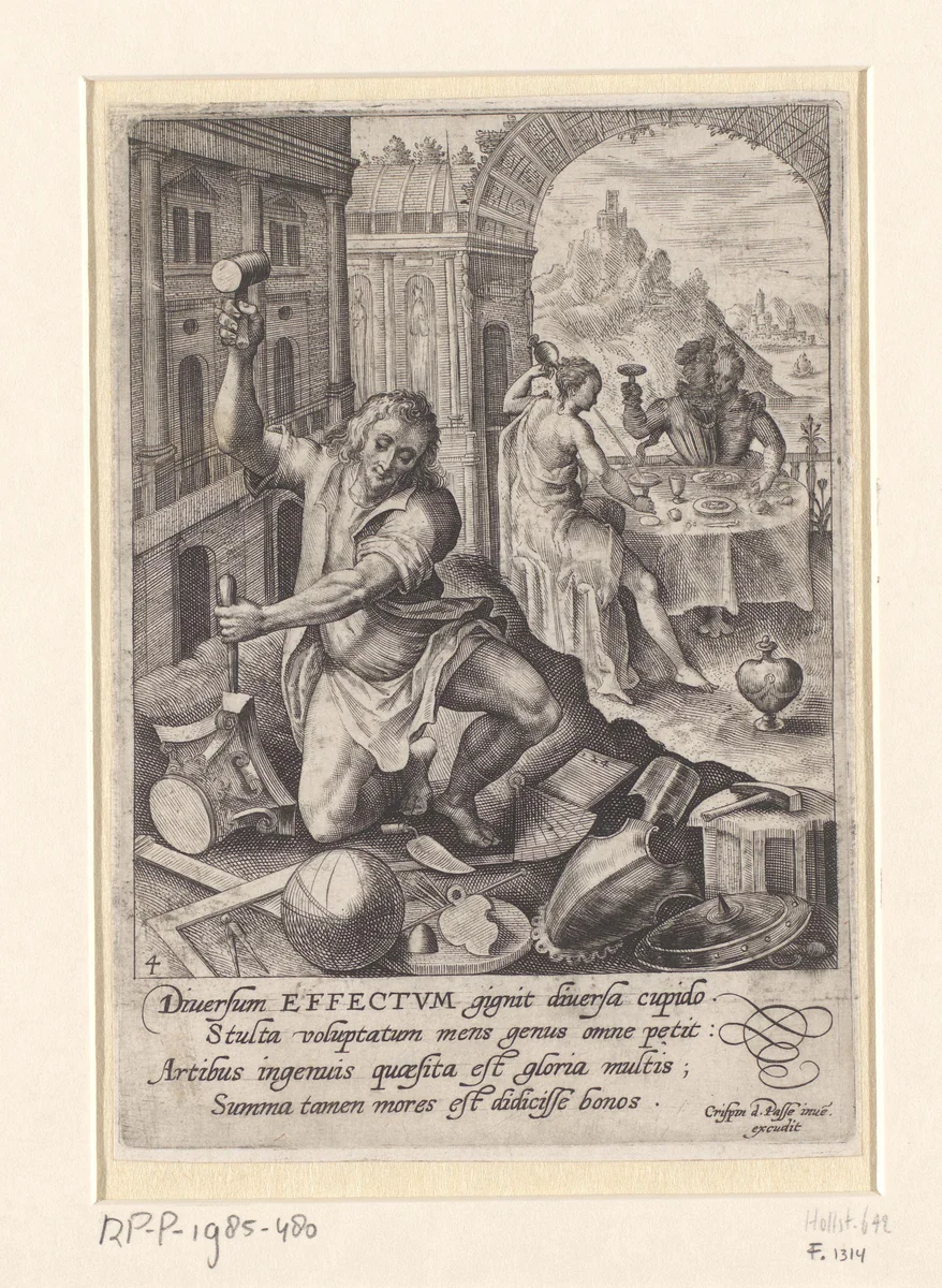 De deugdzame mens by Crispijn van de Passe, print, 1589-1611