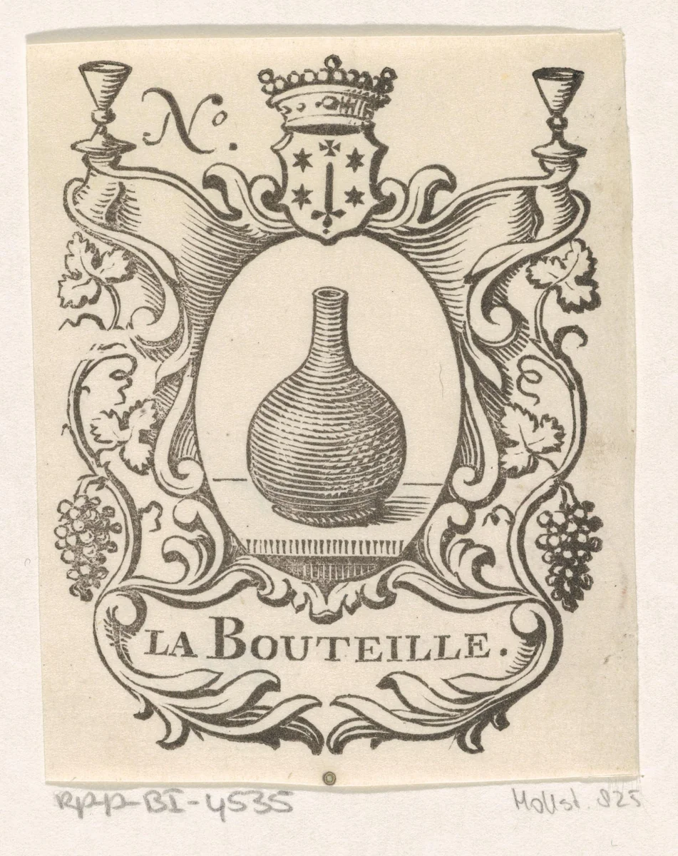Handelsetiket met een fles en het wapen van de stad Haarlem met een kroon by Isaac Vincentsz. van der Vinne, print, 1681-1740