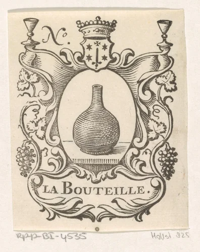 Handelsetiket met een fles en het wapen van de stad Haarlem met een kroon by Isaac Vincentsz. van der Vinne, print, 1681-1740