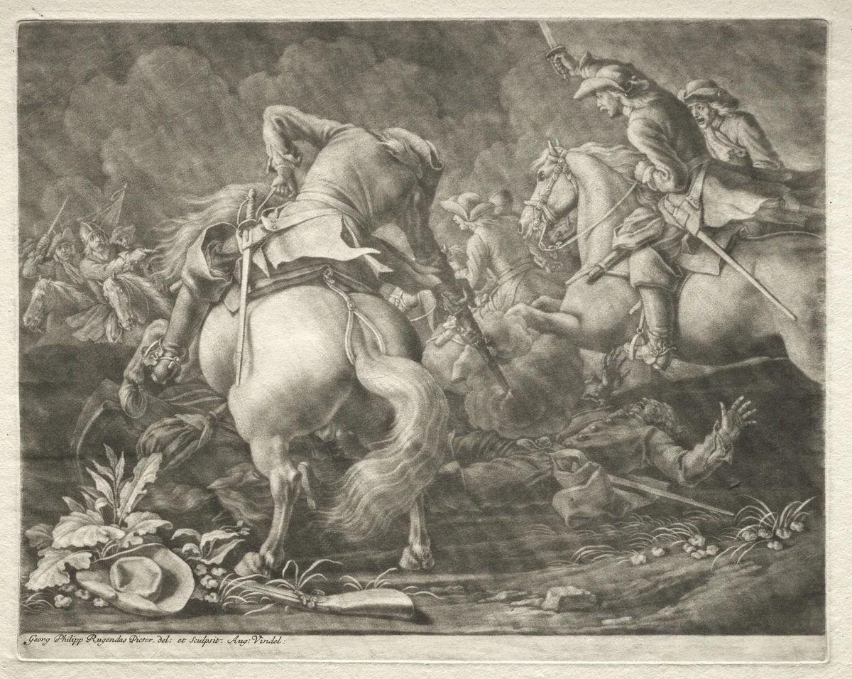 Skirmish between Prussian and Hungarian Hussars by Georg Philipp I Rugendas, print