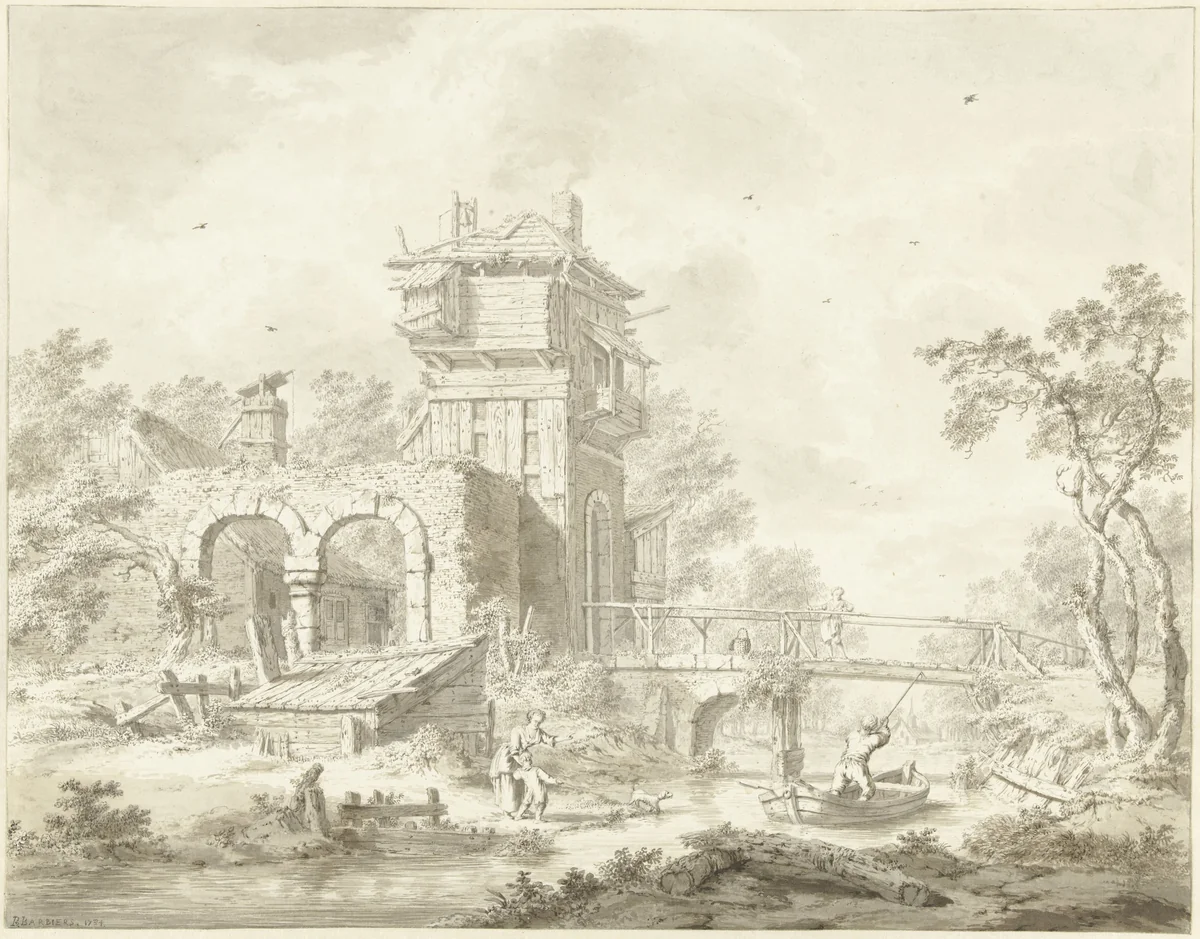 Vervallen poortgebouw met brug by Bartholomeus Barbiers, drawing, 1784