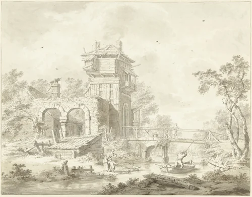 Vervallen poortgebouw met brug by Bartholomeus Barbiers, drawing, 1784
