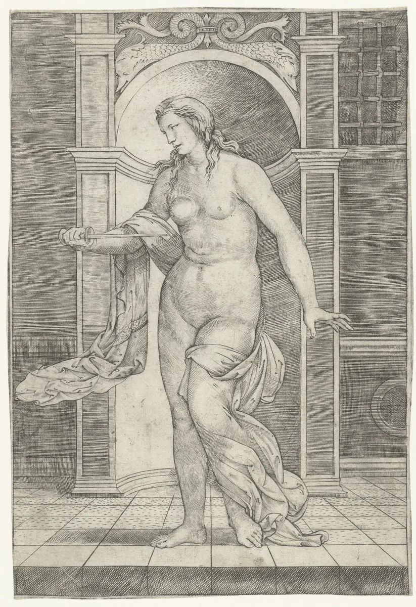 Lucretia steekt zichzelf dood in borst by Giacomo Francia, print, 1490-1557