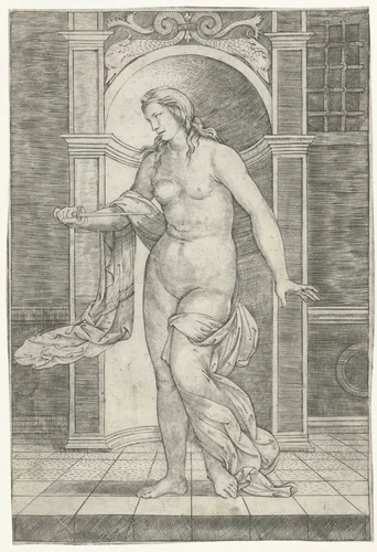Lucretia steekt zichzelf dood in borst by Giacomo Francia, print, 1490-1557