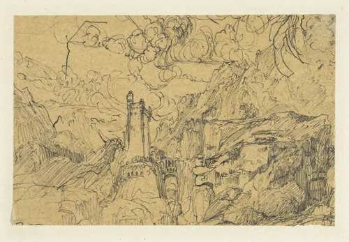Berglandschap met een kasteel bij een overbrugde kloof by Rodolphe Bresdin, drawing, 1832-1885
