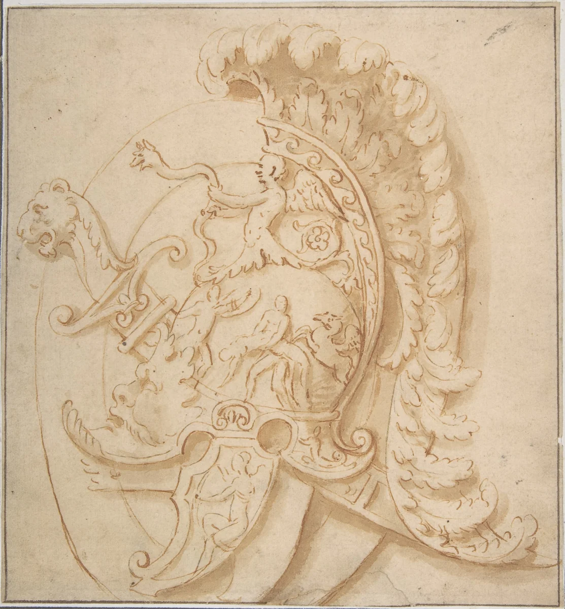 Design for a Trophy with Sword and a Plumed Helmet Decorated with Grotesques Masks, Classical Motifs by anonymous, drawing, 1600-1700