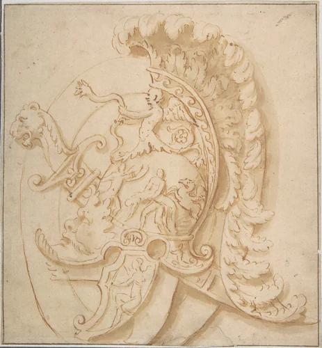 Design for a Trophy with Sword and a Plumed Helmet Decorated with Grotesques Masks, Classical Motifs by anonymous, drawing, 1600-1700