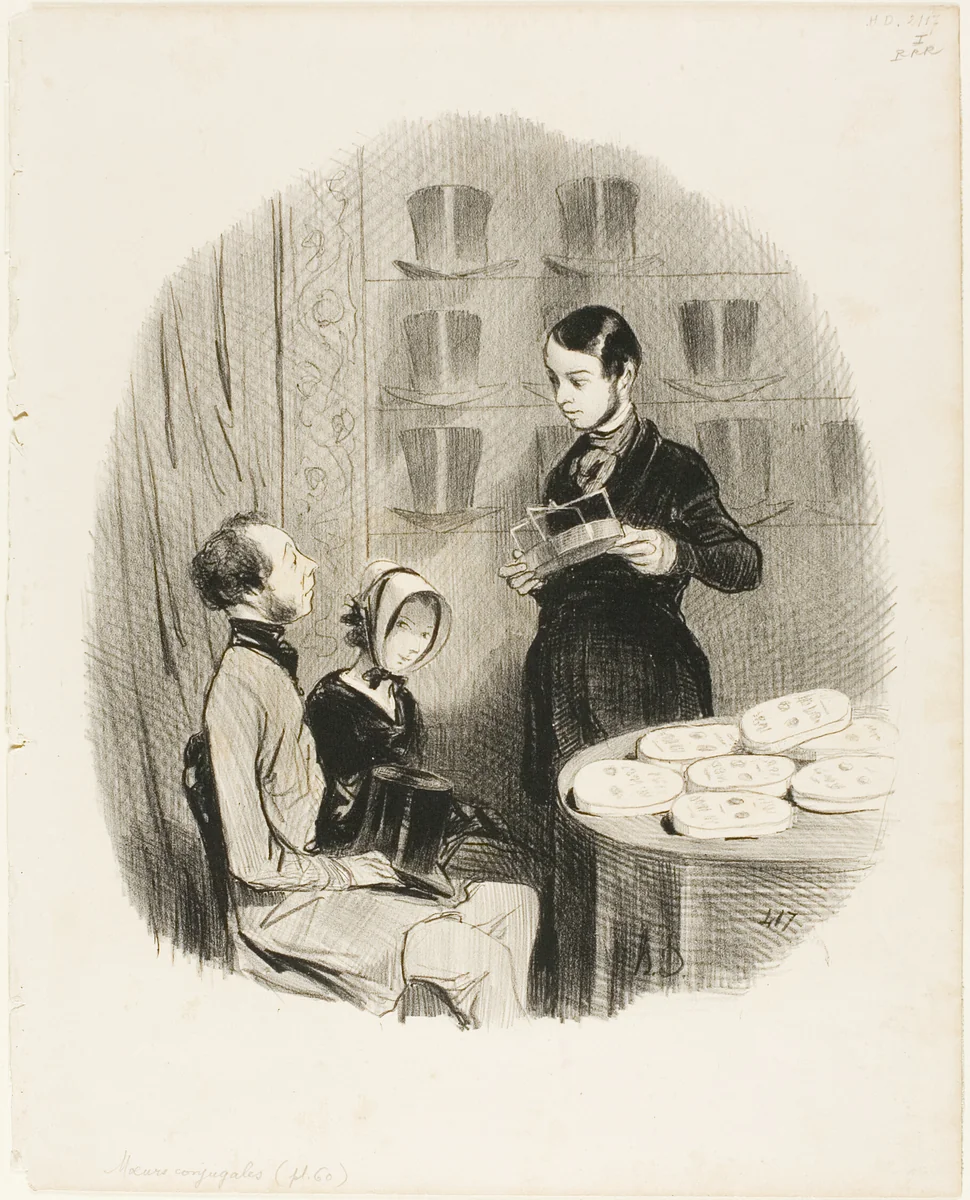 The Jayotype. "- Mr. Jay: The gentleman is married? - The gentleman: Certainly, but how the devil did you know that? - Mr. Jay: Oh, its that this instrument is perfect, that no curve of the head, no bump on the forehead can escape it. - The gentleman: How ingenious!," plate 60 from Moeurs Conjugales by Honoré-Victorin Daumier, print, 1842