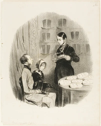 The Jayotype. "- Mr. Jay: The gentleman is married? - The gentleman: Certainly, but how the devil did you know that? - Mr. Jay: Oh, its that this instrument is perfect, that no curve of the head, no bump on the forehead can escape it. - The gentleman: How ingenious!," plate 60 from Moeurs Conjugales by Honoré-Victorin Daumier, print, 1842