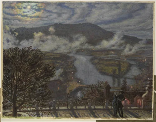 Gezicht vanaf terras op rivierlandschap bij nacht by William Holman Hunt, drawing, 1875