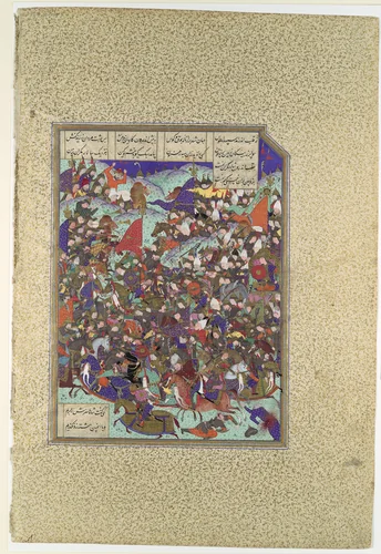"Kai Khusrau Defeats the Army of Makran", Folio 376v from the Shahnama (Book of Kings) of Shah Tahmasp by Abu'l Qasim Firdausi, manuscript, 1500-1555