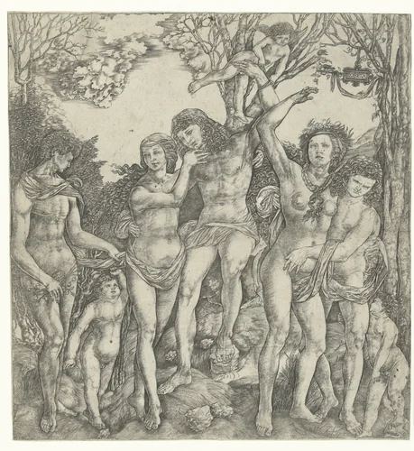 Allegorie op de liefde met liefdesparen en Amor in landschap by Unknown, print, 1500-1520