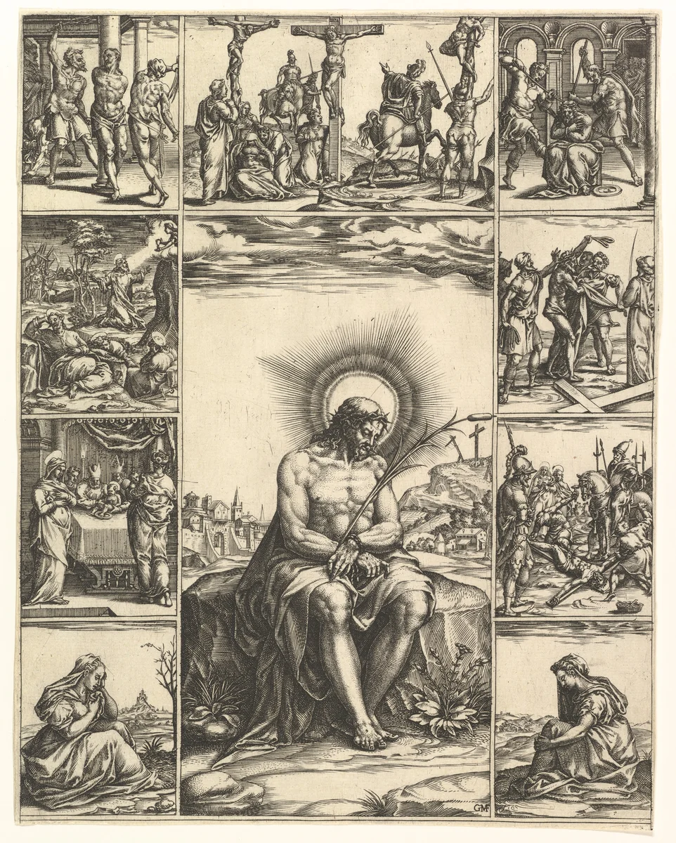 The Man of Sorrows; an image of Christ surrounded by nine vignettes depicting scenes of the Passion by Giorgio Ghisi, print, 1520-1582