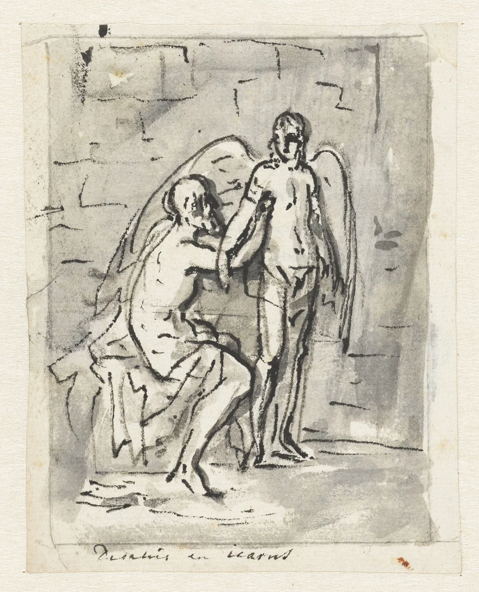 Icarus krijgt van Daedalus zijn vleugels aangezet by Jurriaan Andriessen, drawing, 1800