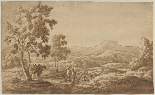 Southern Landscape with Shepherds and Sheep; verso: Study of a Sheep's Head (?) by Simon van der Does, drawing, 1676