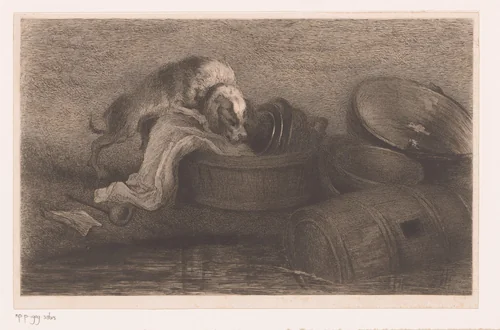 Hond in een afwasteil aan de rand van het water by Auguste Danse, print, 1889