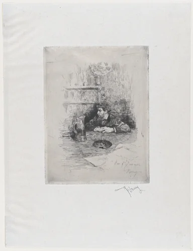 Portrait of the painter Eduardo Zamacois seated at a table by Mariano Fortuny, print, 1869