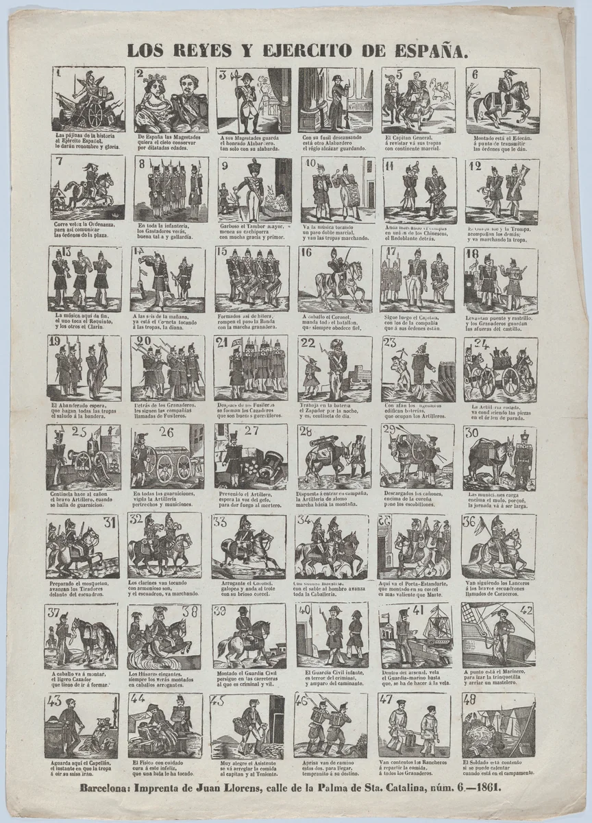 Broadside with 48 scenes relating to the Spanish army by Juan Llorens, print, 1861