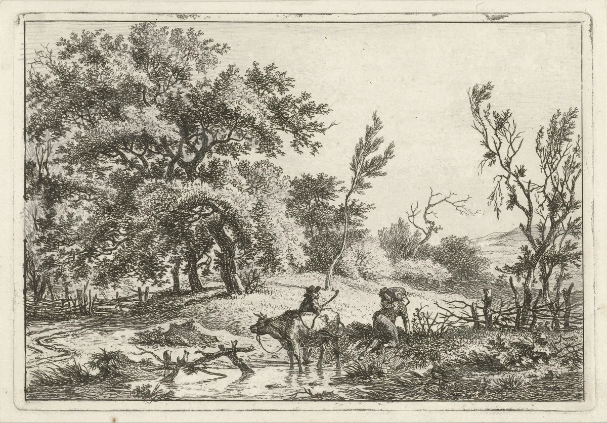 Landschap met stier en veehoeder by Hermanus Fock, print, 1781-1822