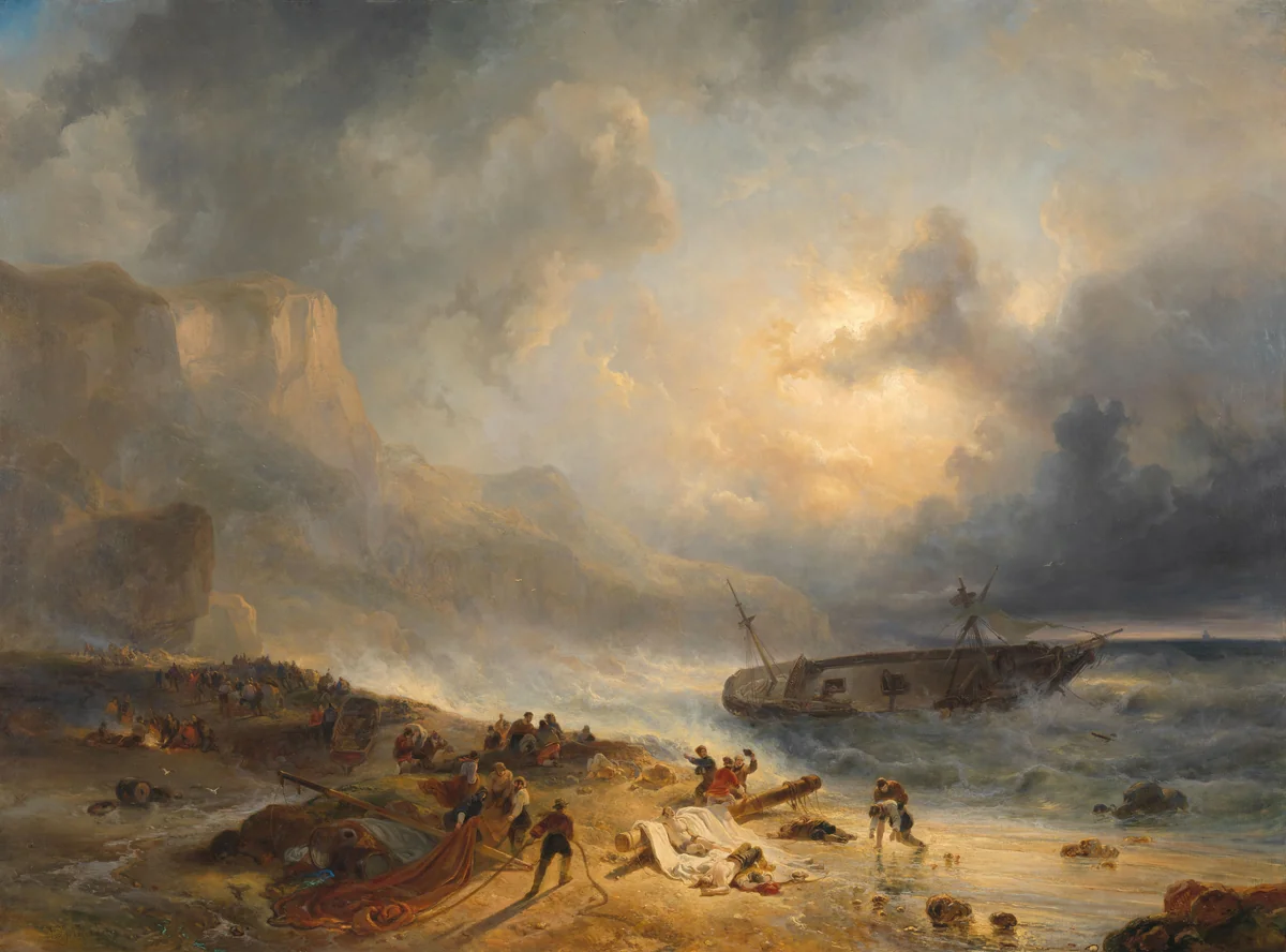 Schipbreuk op een rotsachtige kust by Wijnand Nuijen, painting, 1837