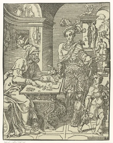 De verloren zoon ontvangt zijn erfdeel by Dirck Volckertsz. Coornhert, print, 1548
