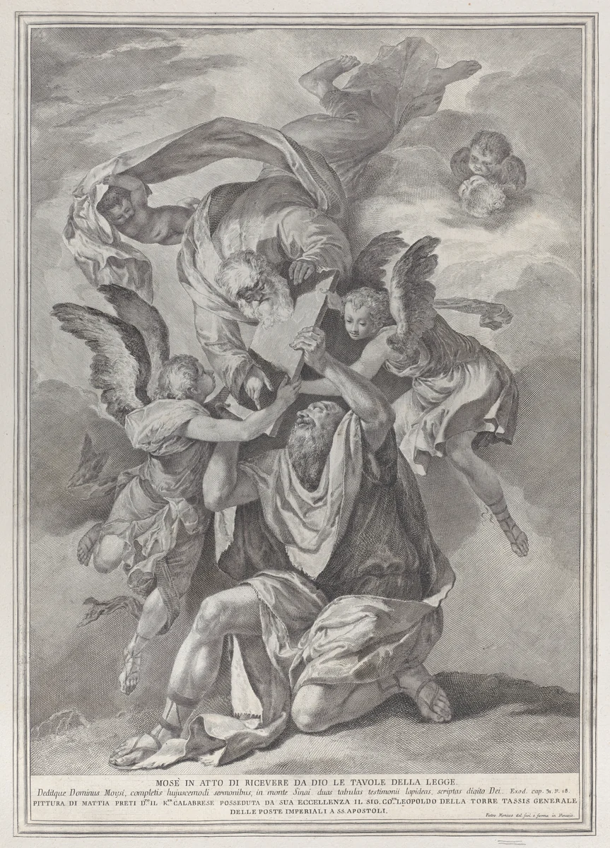 Moses receiving the Tablets of the Law from God who descends from the heavens; from the series of 112 prints of the sacred history, after the painting by Mattia Preti by Pietro Monaco, print, 1725-1744