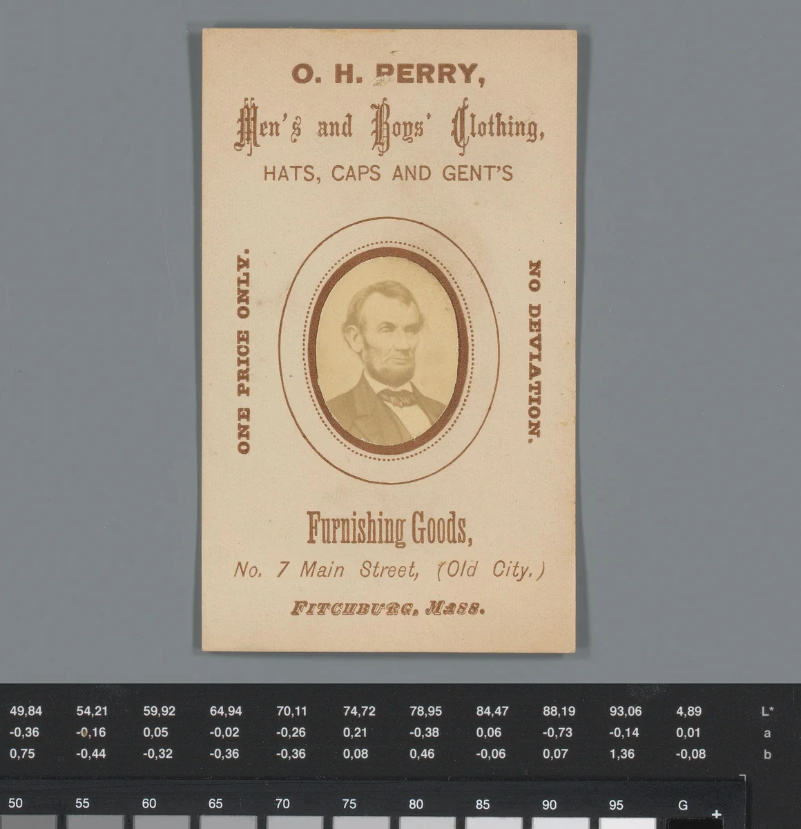 Reclame voor herenkleding van O.H. Perry te Fitchburg, met een portret van Abraham Lincoln by anonymous, photograph, 1850-1915