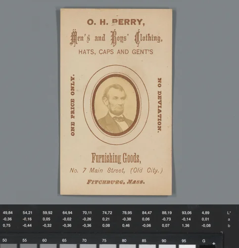 Reclame voor herenkleding van O.H. Perry te Fitchburg, met een portret van Abraham Lincoln by anonymous, photograph, 1850-1915