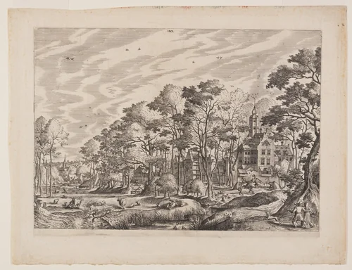 View of a Village with a Castle to the Right, plate 1 from Landscapes with Views of Villages by Hans Bol, print, 1562