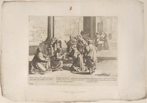 Episode 13: In Prato Saint Bernardino heals a boy attacked by a bull; Episode 14: In Bologna Saint Bernardino orders the burning of luxury books and paints the sign of Christ for a gambler; Episode 15: Saint Bernardino travels to Mantua by foot, from "The Life of Saint Bernardino of Siena" by Bernardino Capitelli, print, 1610-1639