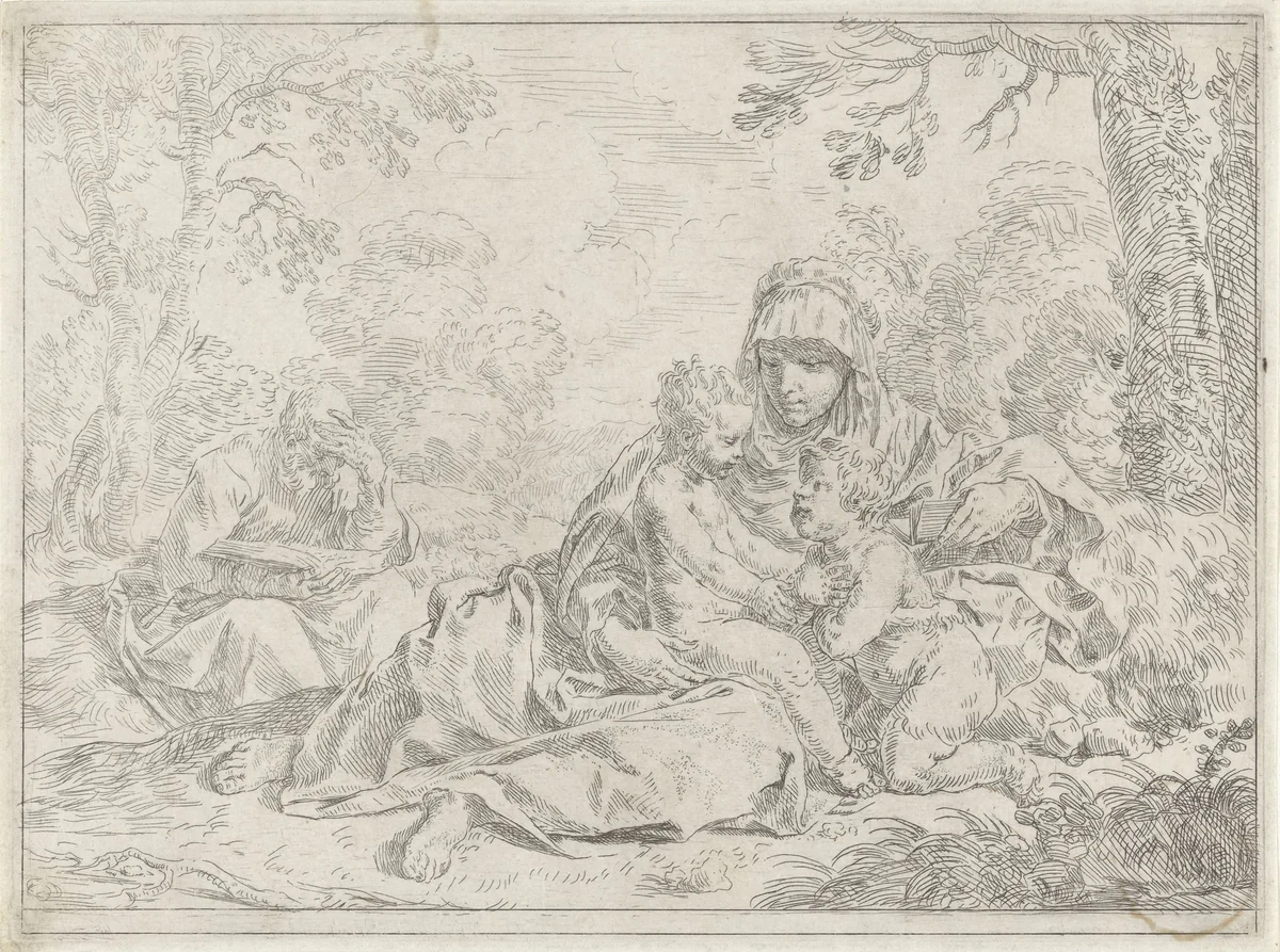Heilige Familie met de jonge Johannes de Doper by Simone Cantarini, print, 1622-1648
