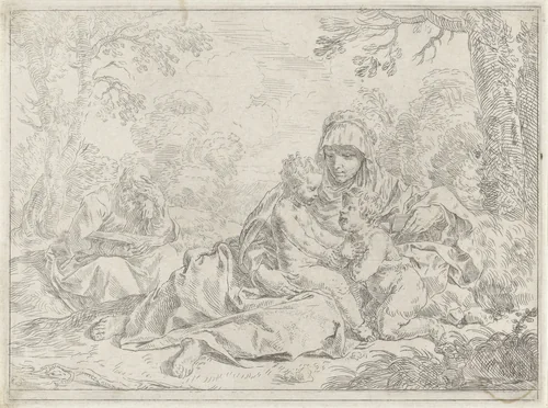 Heilige Familie met de jonge Johannes de Doper by Simone Cantarini, print, 1622-1648