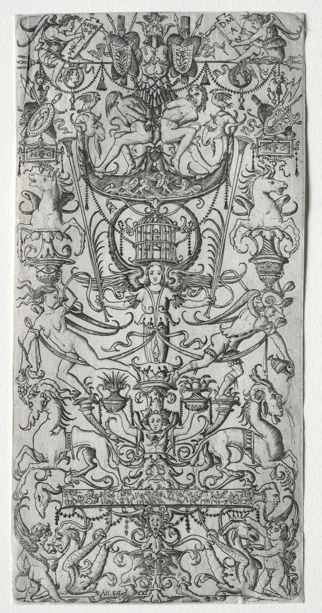 Ornament Panel with a Bird Cage by Nicoletto da Modena, print, 1500-1512