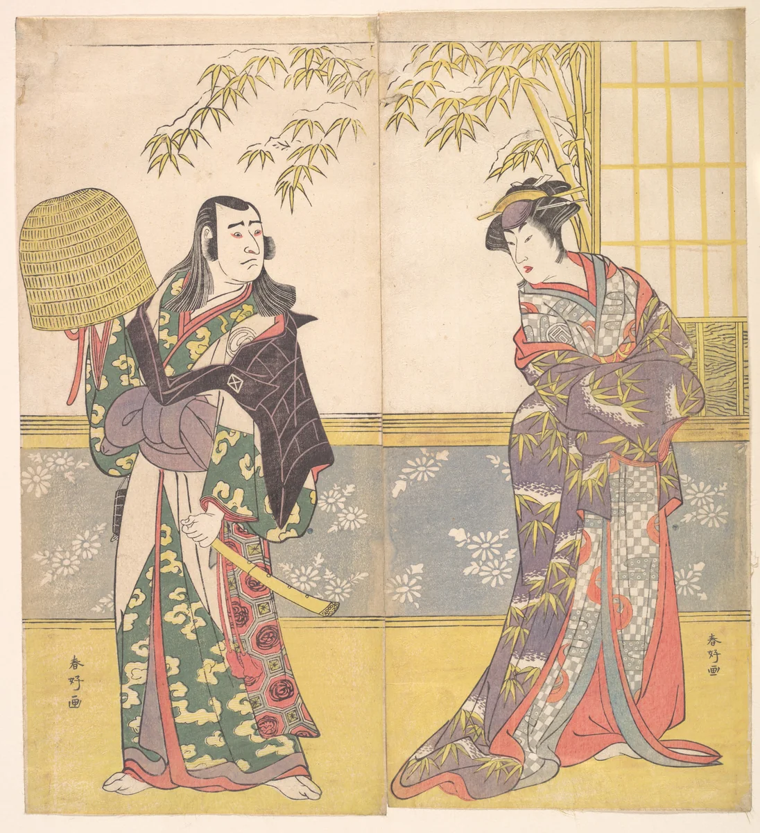 Kabuki Actors Sawamura Sōjūrō III and Sanogawa Ichimatsu III in "A Courtesan’s Mirror for the Eastern Provinces" (Keisei Azuma kagami) by Katsukawa Shunkō (勝川春好), print, 1788