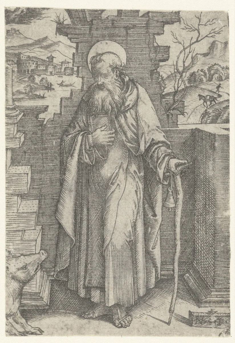 Heilige Antonius de Grote met taukruis en varken by Unknown, print, 1510-1520