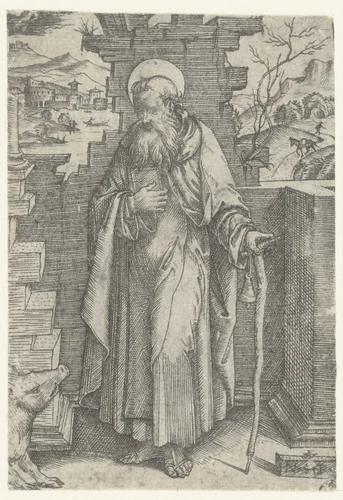 Heilige Antonius de Grote met taukruis en varken by Unknown, print, 1510-1520
